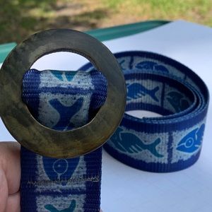 Croakies colorful belt with blue fish. Unisex.